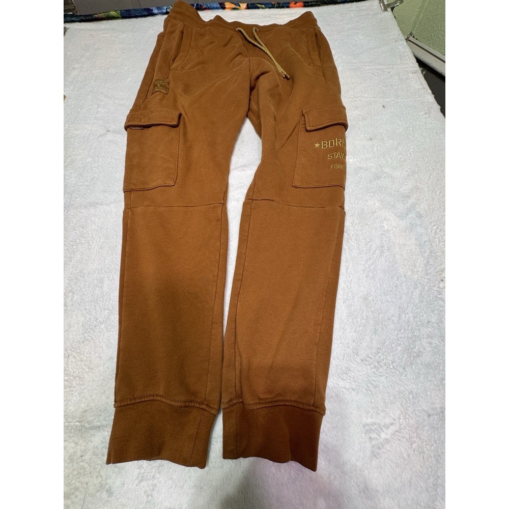 Born Fly Men's Mustard Yellow Sweatpants Size Large Cargo Pants Embroidered  Y2K